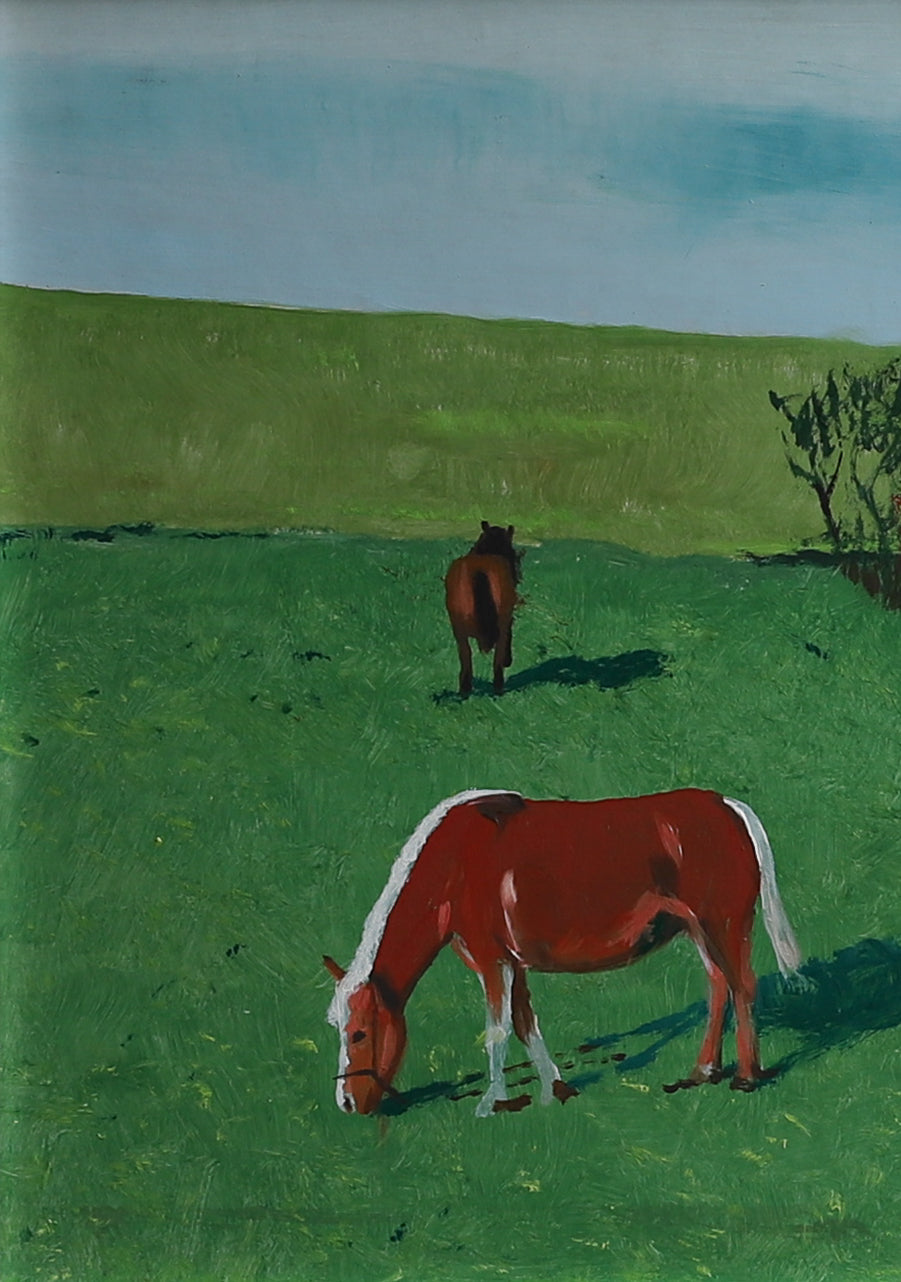 Vintage Art Room Original Oil Painting of Horses from Sweden