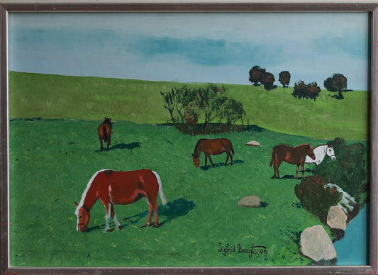 Vintage Art Room Original Oil Painting of Horses from Sweden