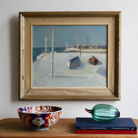 Mid Century Vintage Art Original Harbor Oil Painting from Sweden