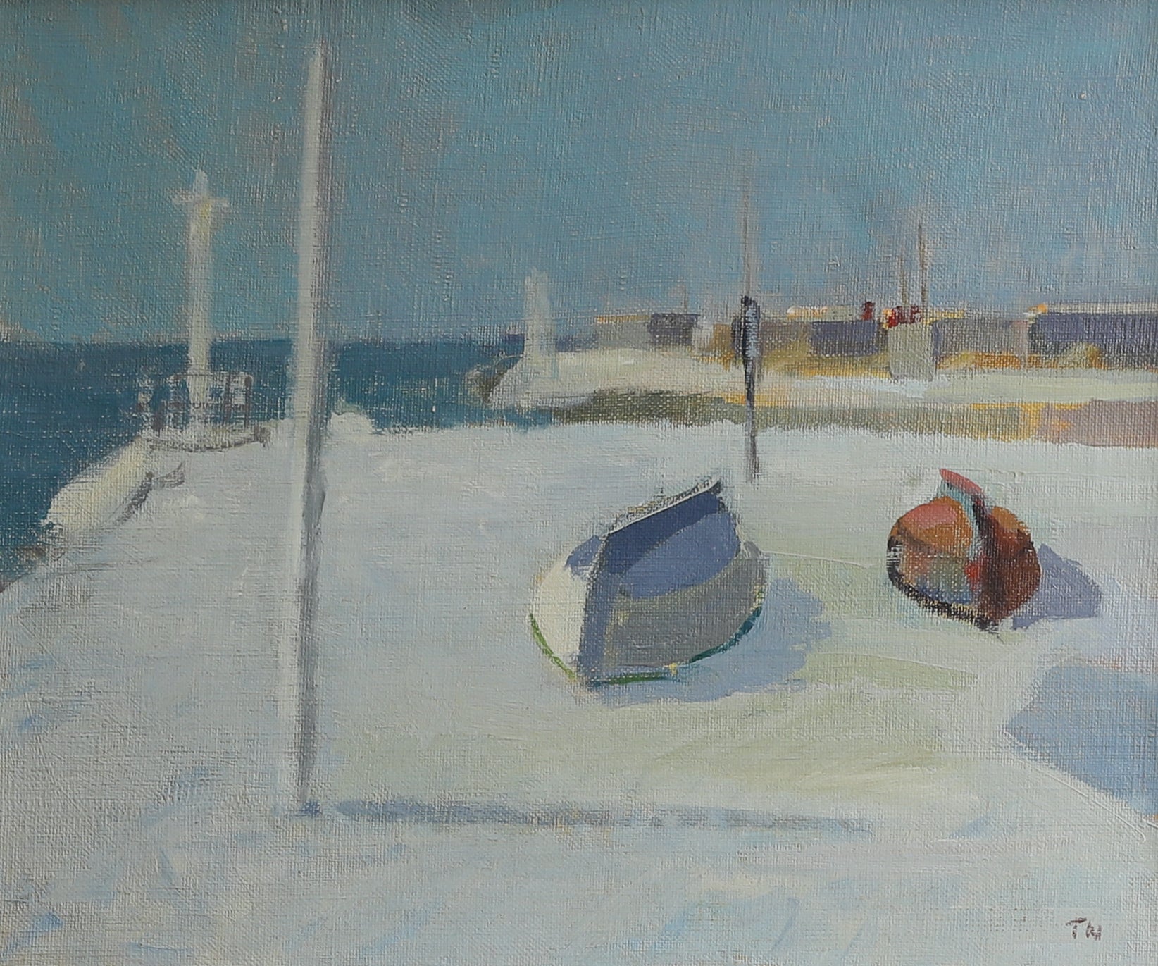 Mid Century Vintage Art Original Harbor Oil Painting from Sweden