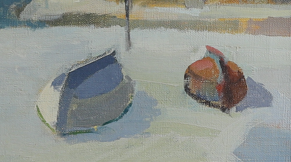 Mid Century Vintage Art Original Harbor Oil Painting from Sweden