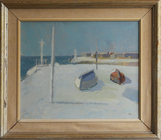 Mid Century Vintage Art Original Harbor Oil Painting from Sweden