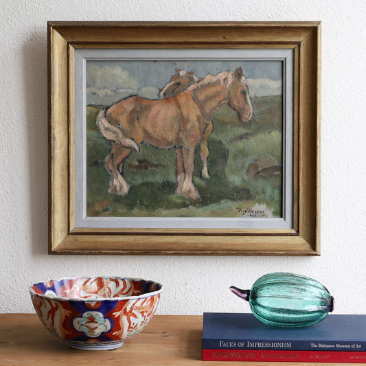Mid Century Vintage Original Oil Painting of Horses from Sweden