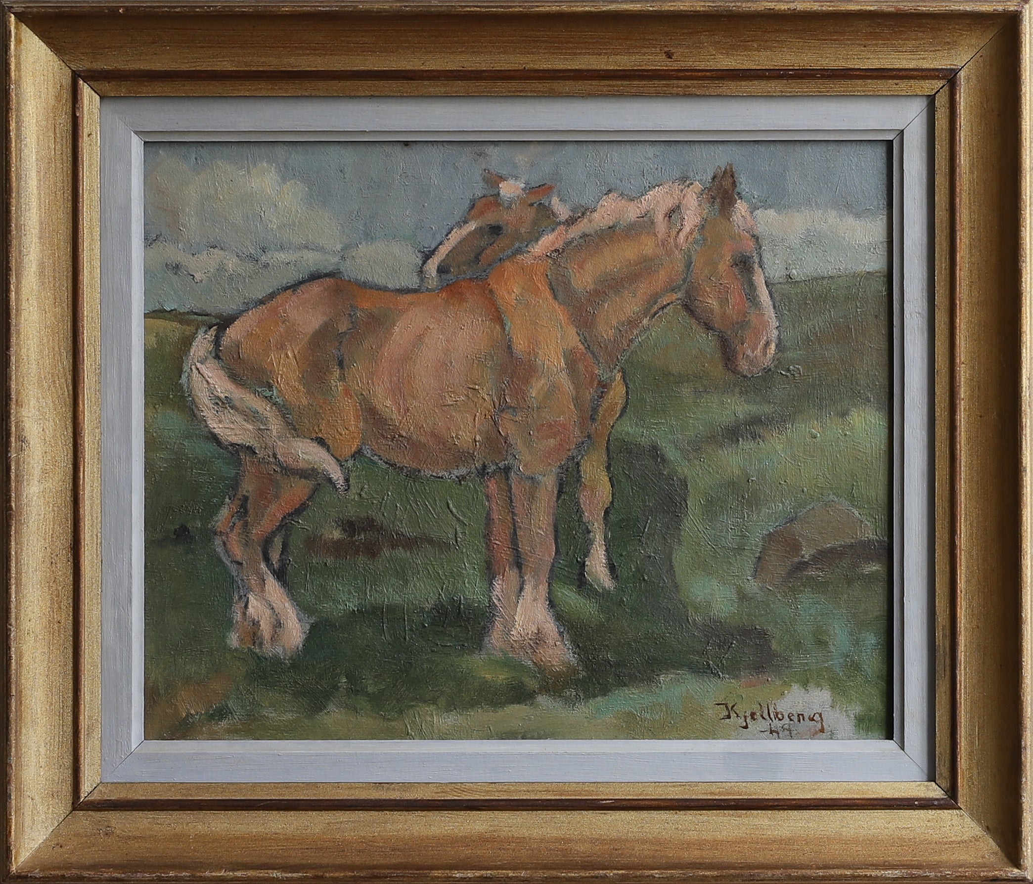 Mid Century Vintage Original Oil Painting of Horses from Sweden