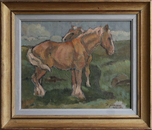 Mid Century Vintage Original Oil Painting of Horses from Sweden