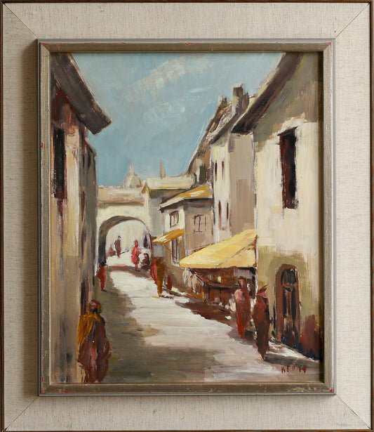 Vintage Art Room Original Cityscape Oil Painting from Sweden