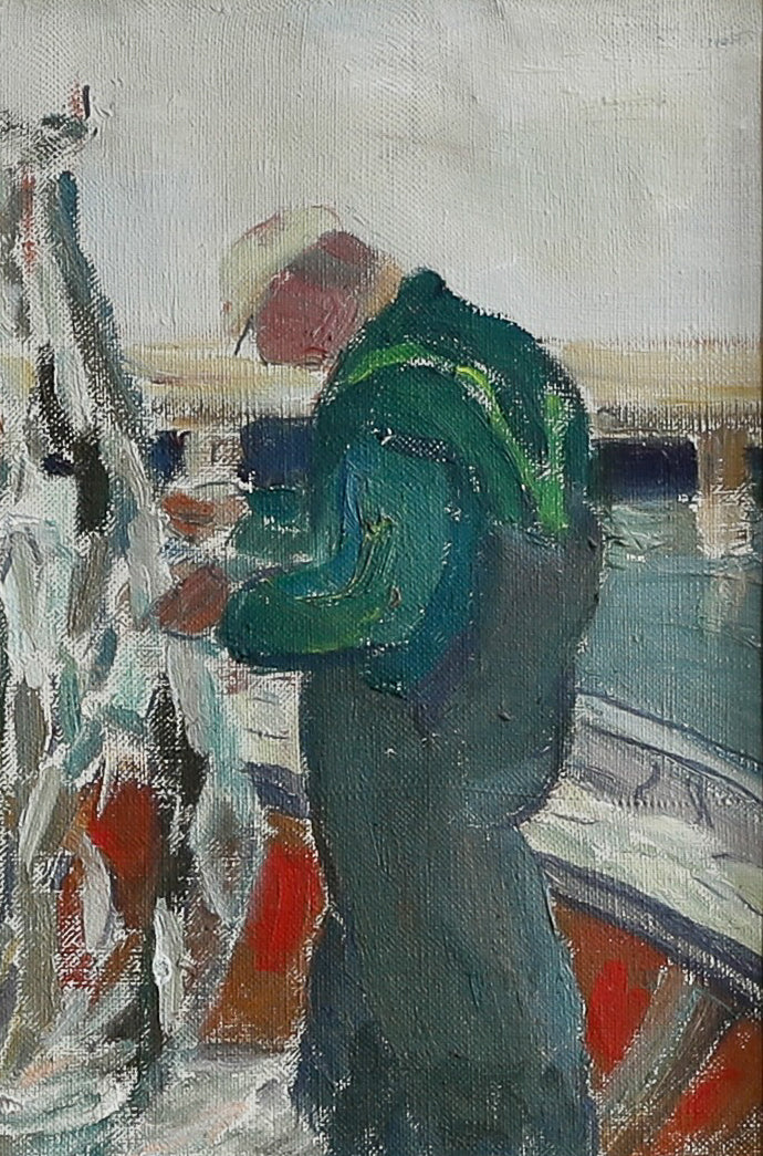 Vintage Mid Century Original Fishermen Oil Painting from Sweden