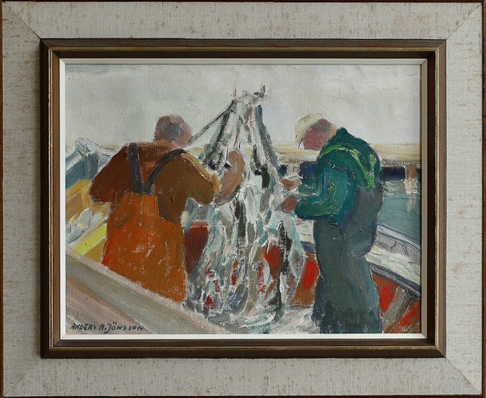 Vintage Mid Century Original Fishermen Oil Painting from Sweden