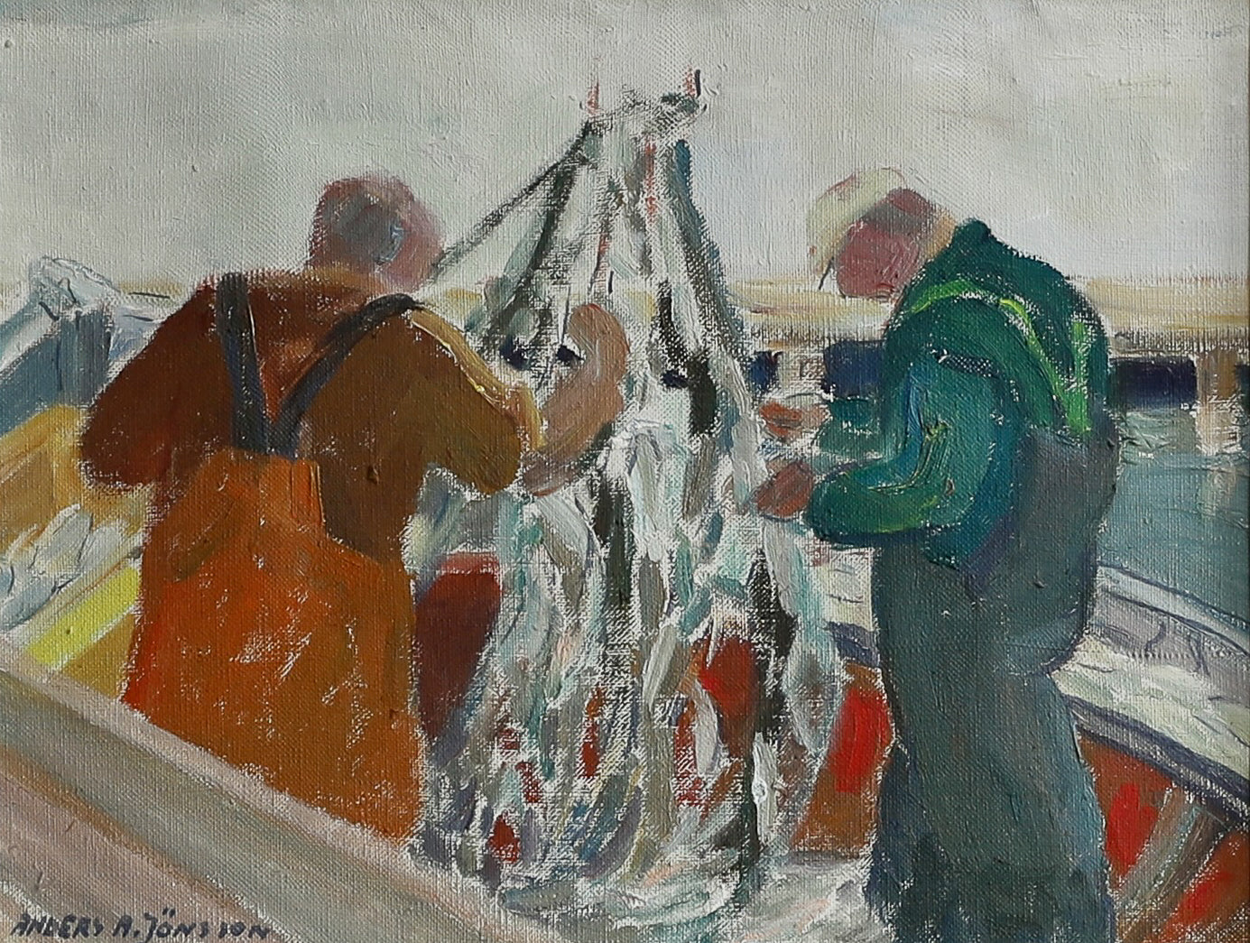 Vintage Mid Century Original Fishermen Oil Painting from Sweden