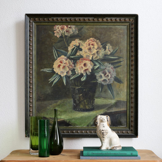 Vintage Original Still Life Oil Painting of Rhododendrons from Sweden
