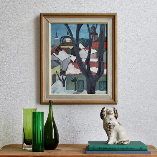 Mid Century Original Colorful Cityscape Oil Painting from Sweden