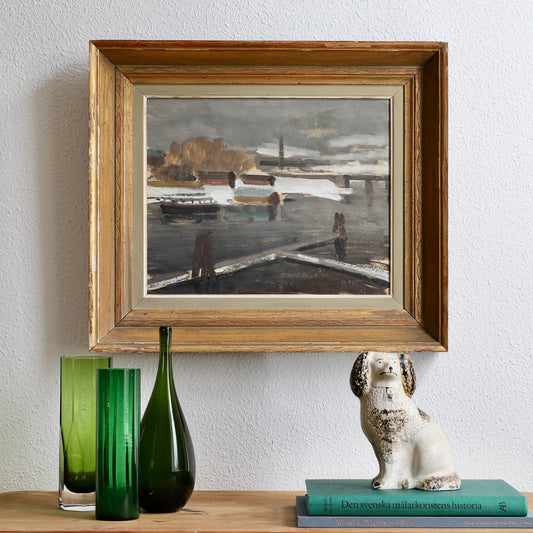 Original Vintage Mid Century Boatyard Painting from Sweden