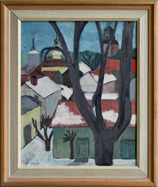 Mid Century Original Colorful Cityscape Oil Painting from Sweden
