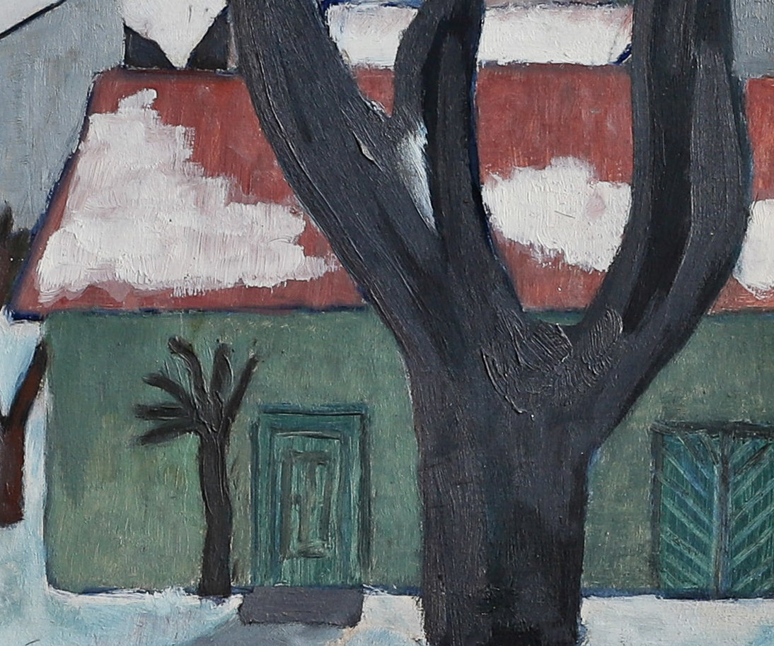Mid Century Original Colorful Cityscape Oil Painting from Sweden
