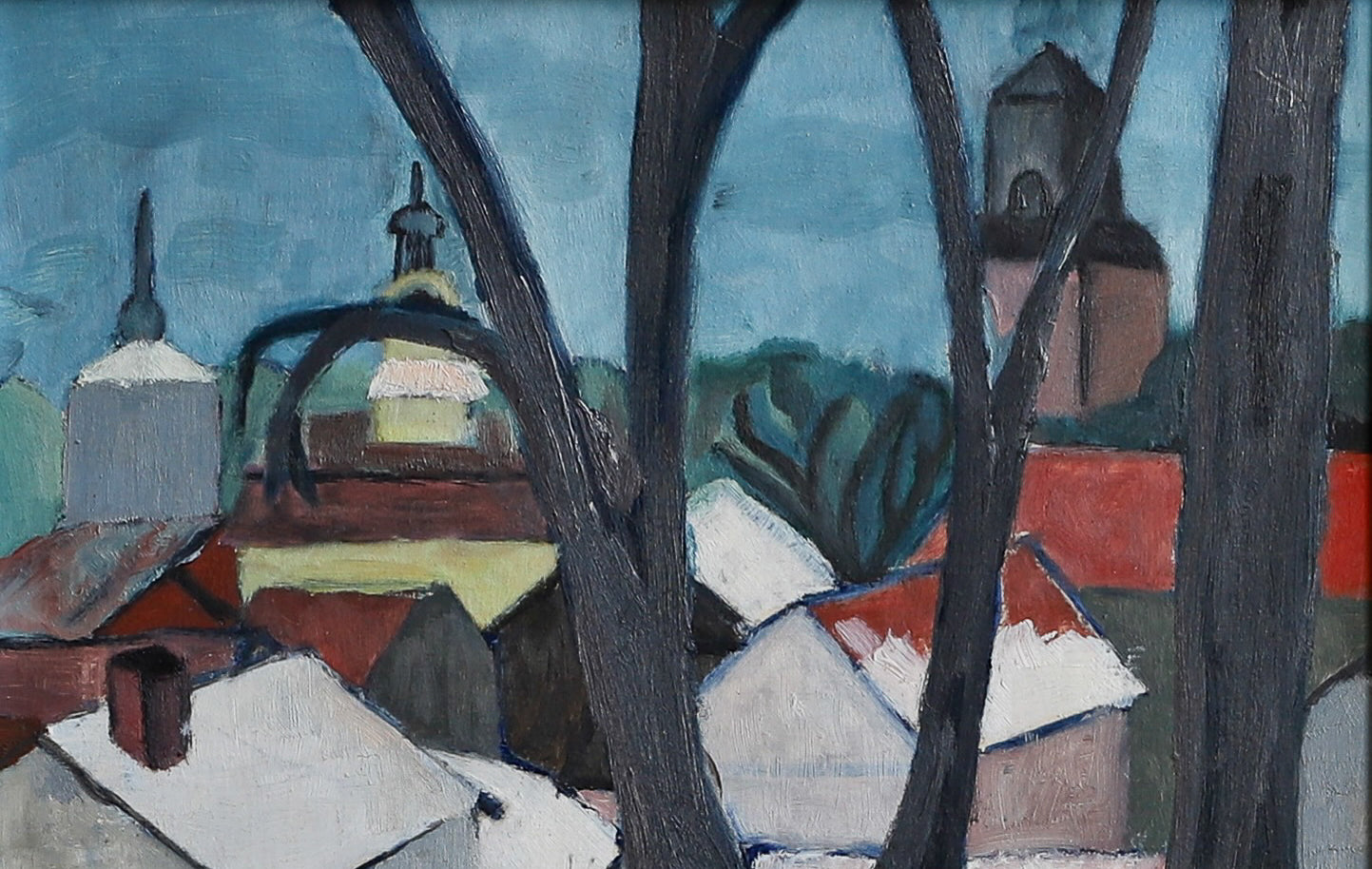 Mid Century Original Colorful Cityscape Oil Painting from Sweden