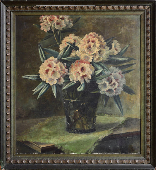 Vintage Original Still Life Oil Painting of Rhododendrons from Sweden