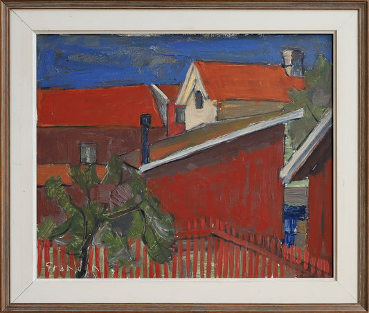 Mid Century Original Cityscape Oil Painting from Sweden