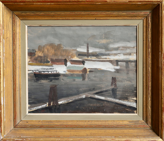 Original Vintage Mid Century Boatyard Painting from Sweden