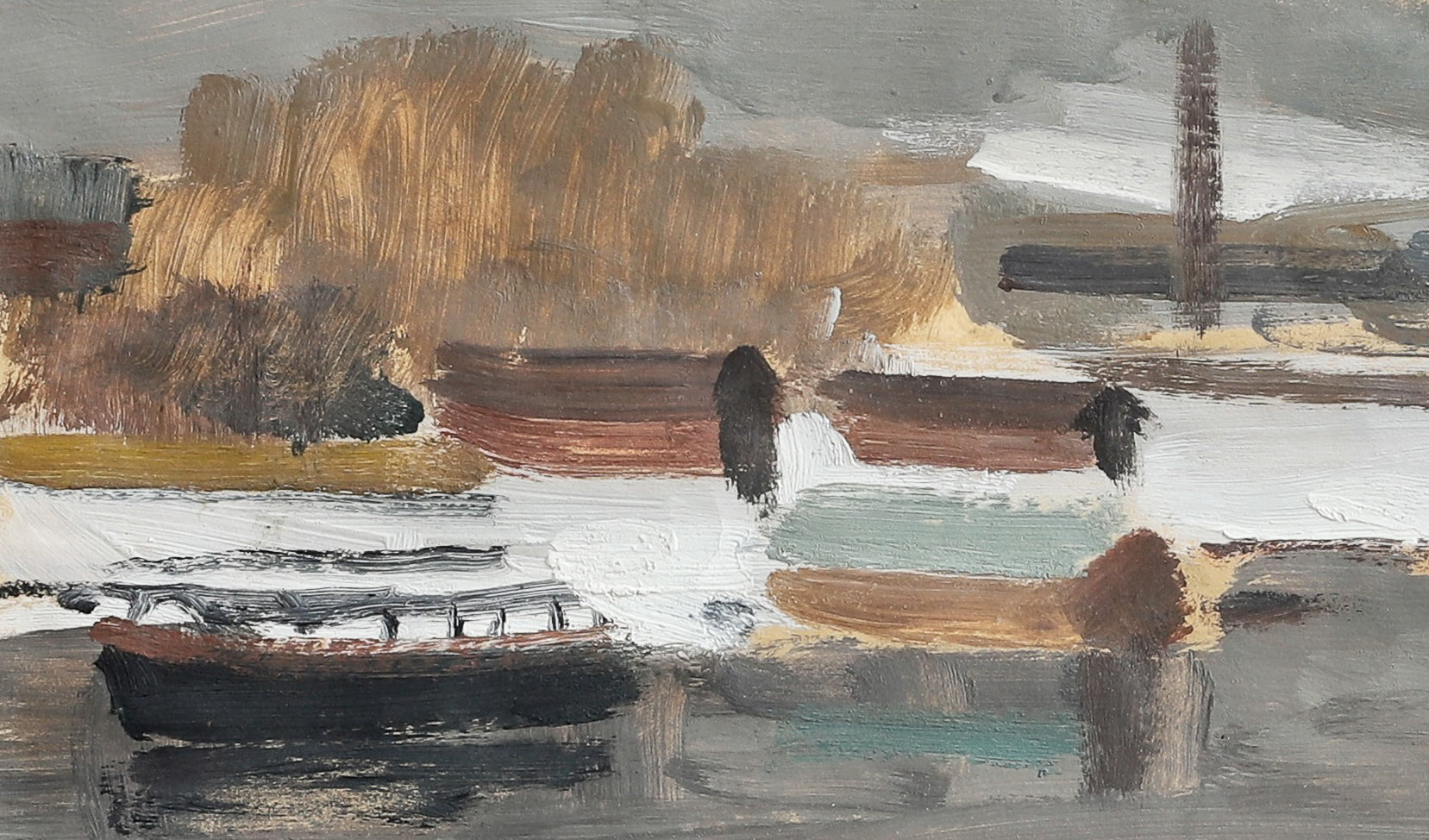 Original Vintage Mid Century Boatyard Painting from Sweden