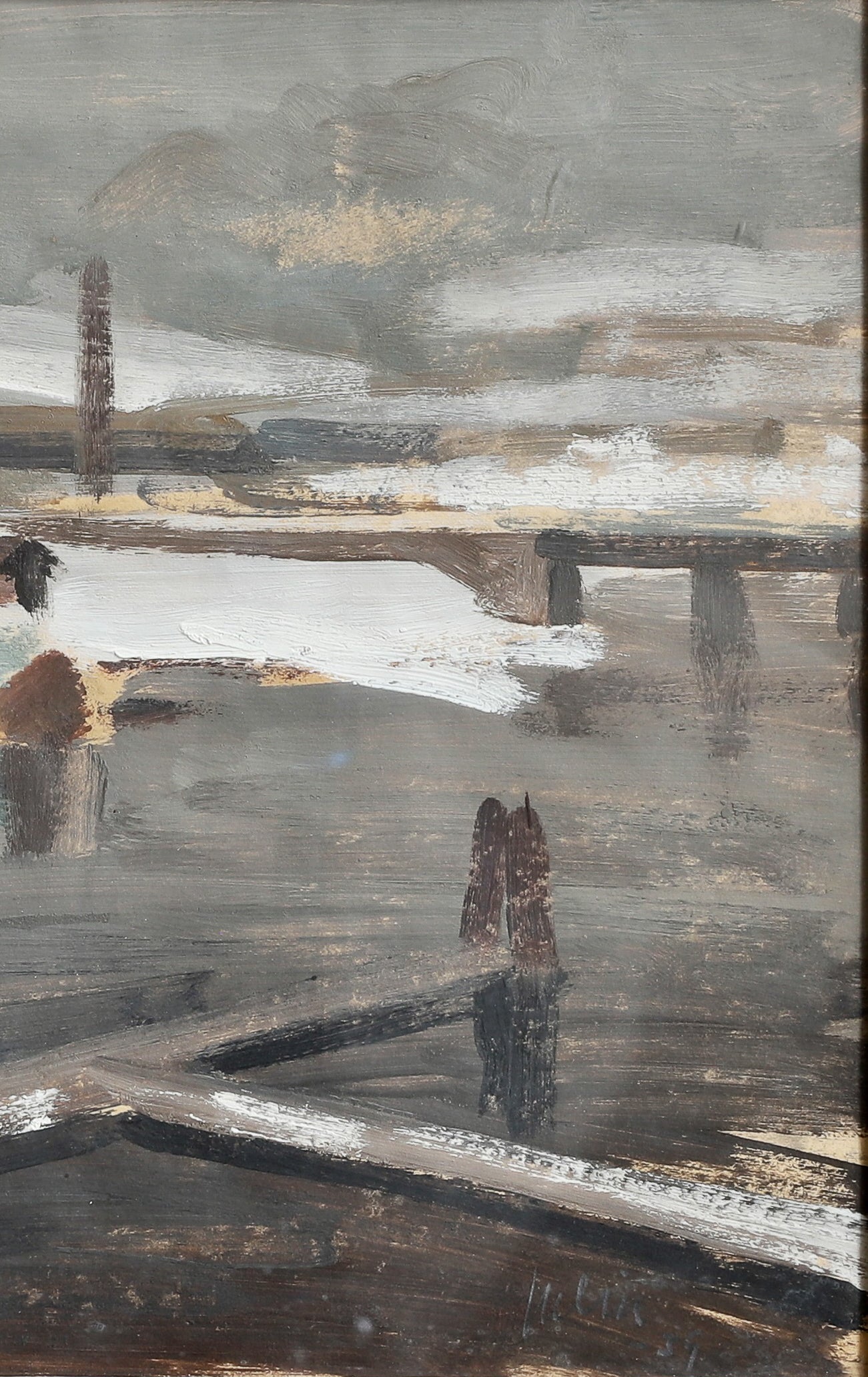 Original Vintage Mid Century Boatyard Painting from Sweden