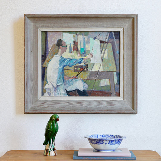 Mid Century Original Oil Painting of Artist Working in Studio from Sweden