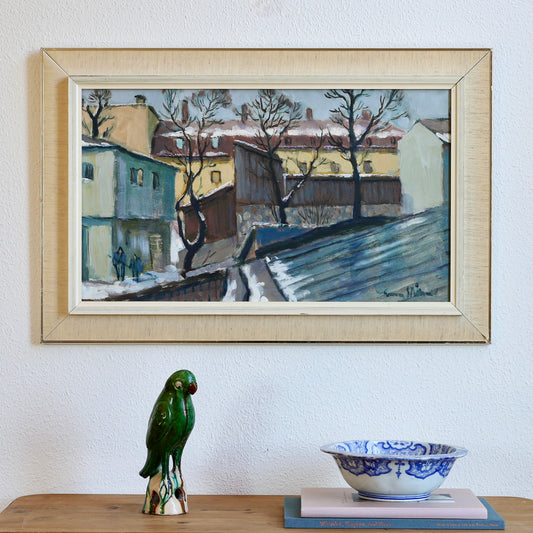 Vintage Mid Century Original Winter Cityscape Oil Painting from Sweden