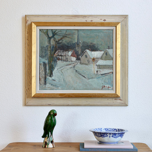 Mid Century Vintage Winter Landscape Oil Painting from Sweden
