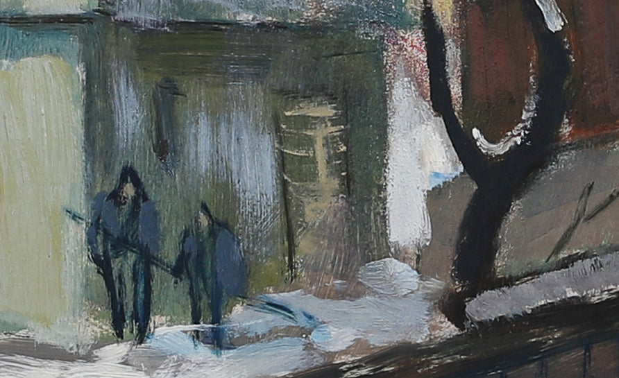 Vintage Mid Century Original Winter Cityscape Oil Painting from Sweden
