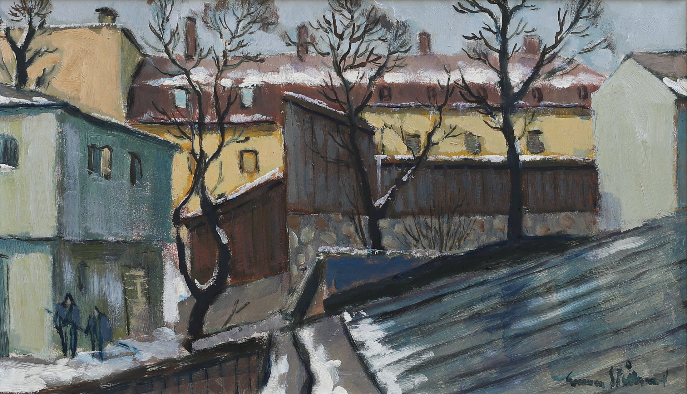 Vintage Mid Century Original Winter Cityscape Oil Painting from Sweden