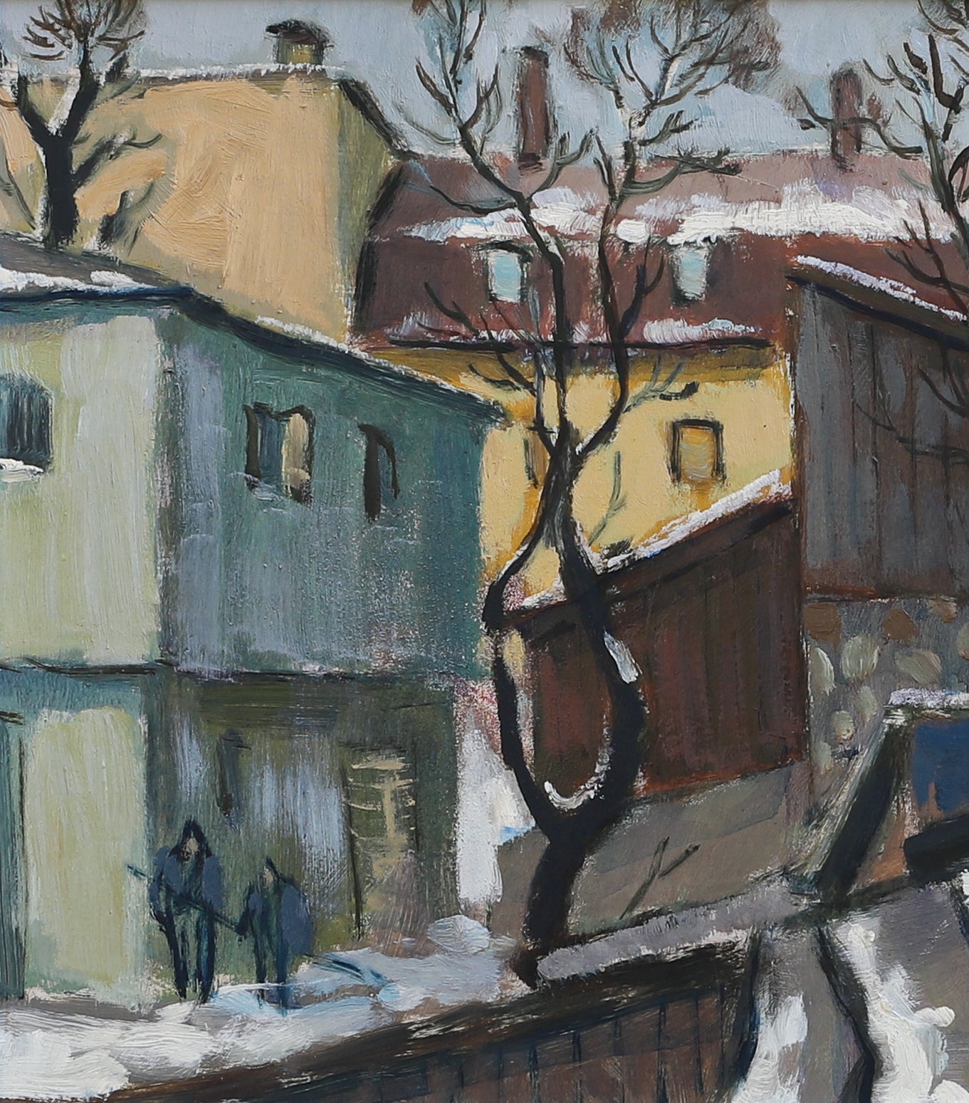 Vintage Mid Century Original Winter Cityscape Oil Painting from Sweden