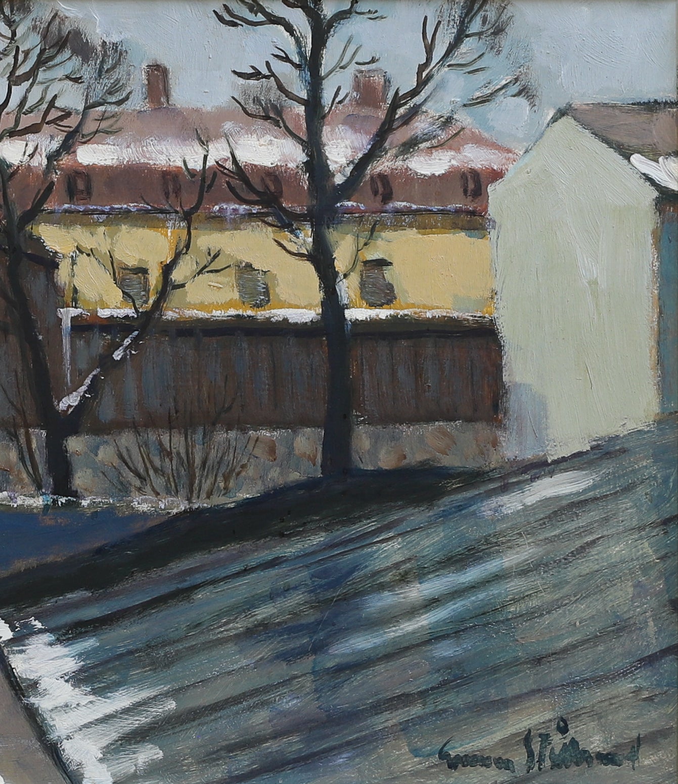 Vintage Mid Century Original Winter Cityscape Oil Painting from Sweden