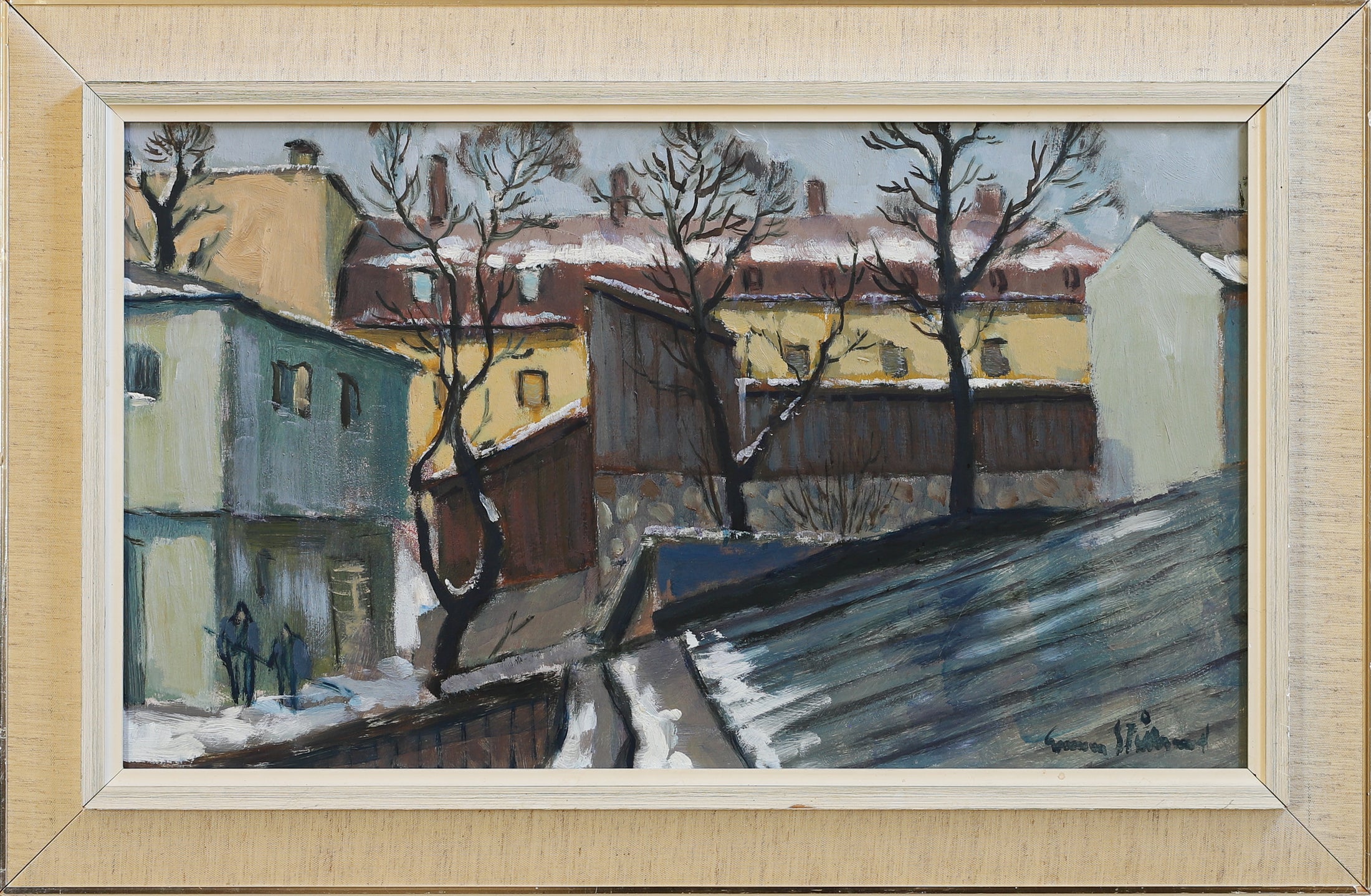 Vintage Mid Century Original Winter Cityscape Oil Painting from Sweden