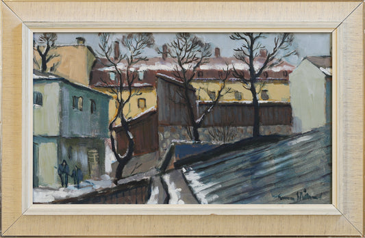 Vintage Mid Century Original Winter Cityscape Oil Painting from Sweden