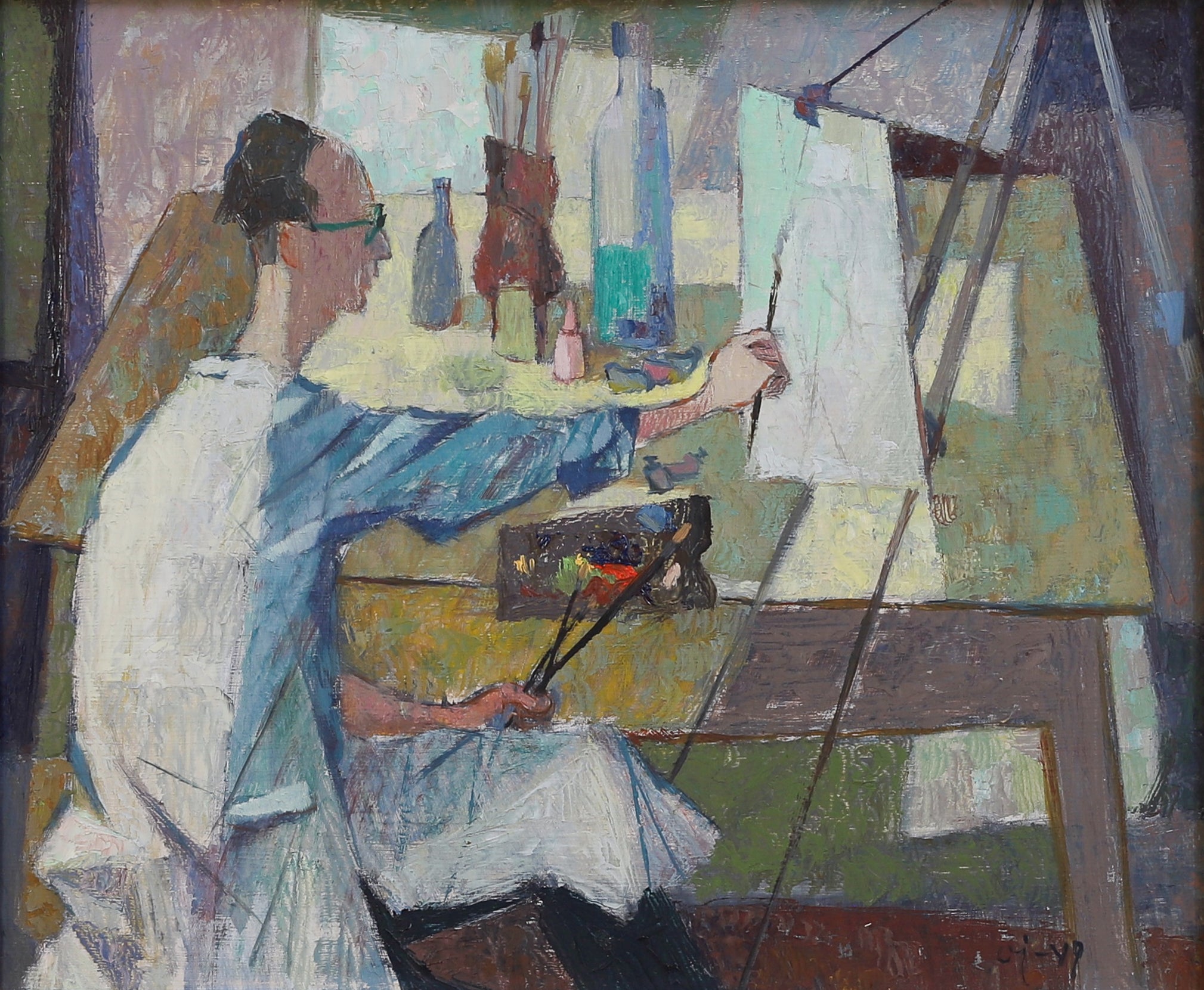 Mid Century Original Oil Painting of Artist Working in Studio from Sweden