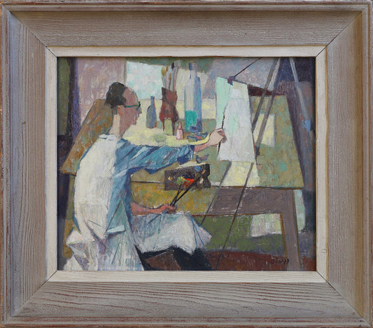 Mid Century Original Oil Painting of Artist Working in Studio from Sweden
