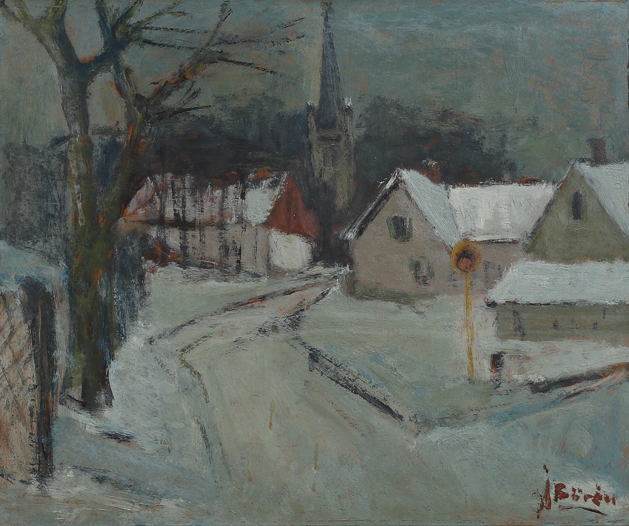 Mid Century Vintage Winter Landscape Oil Painting from Sweden