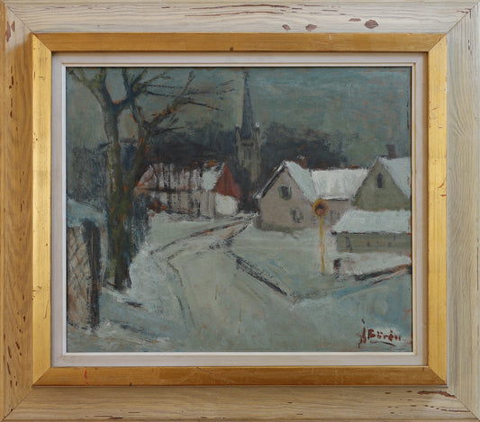 Mid Century Vintage Winter Landscape Oil Painting from Sweden