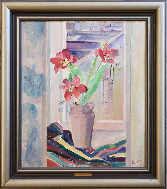 Vintage Mid Century Original Interior Oil Painting from Sweden 1945