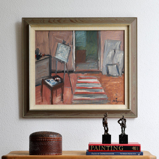 Original Vintage Farmhouse Interior Oil Painting from Sweden