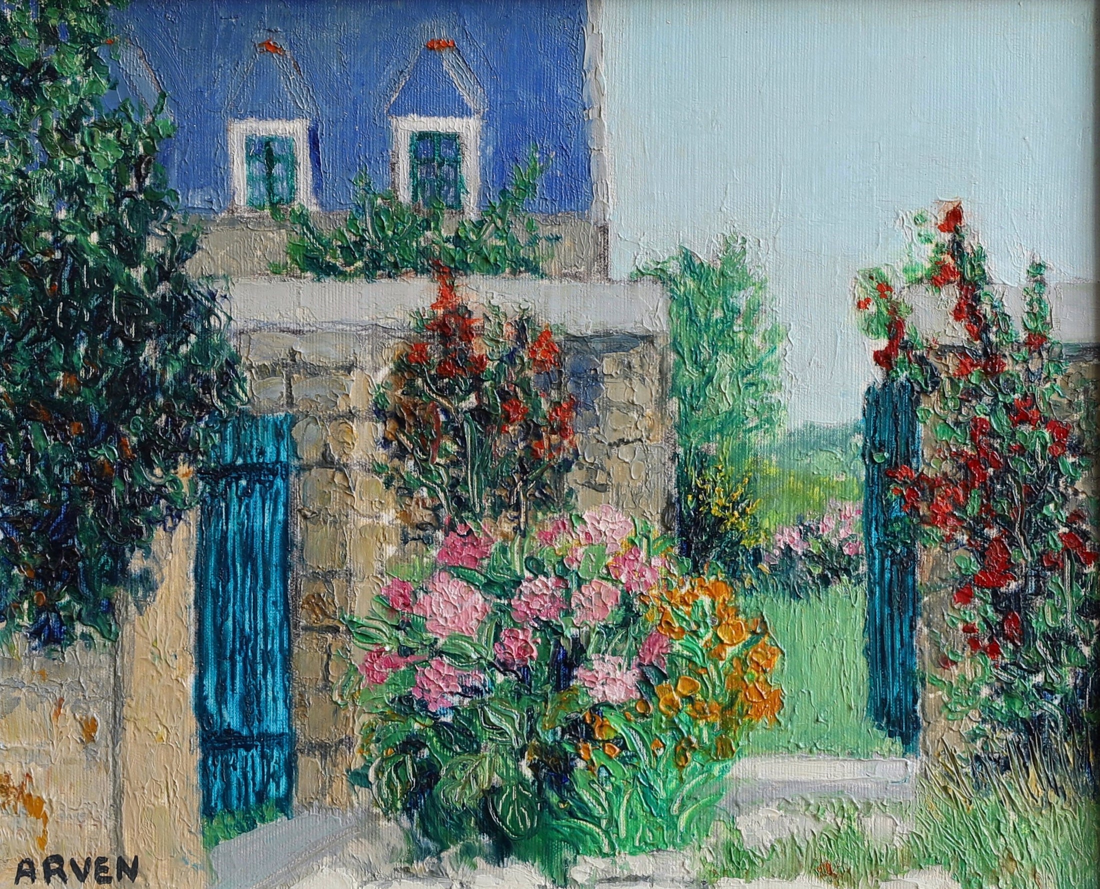 Vintage Art Room Original Garden Oil Painting from Sweden
