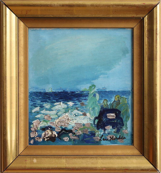 Vintage Mid Century Coastal Oil Painting From Sweden by L Herder