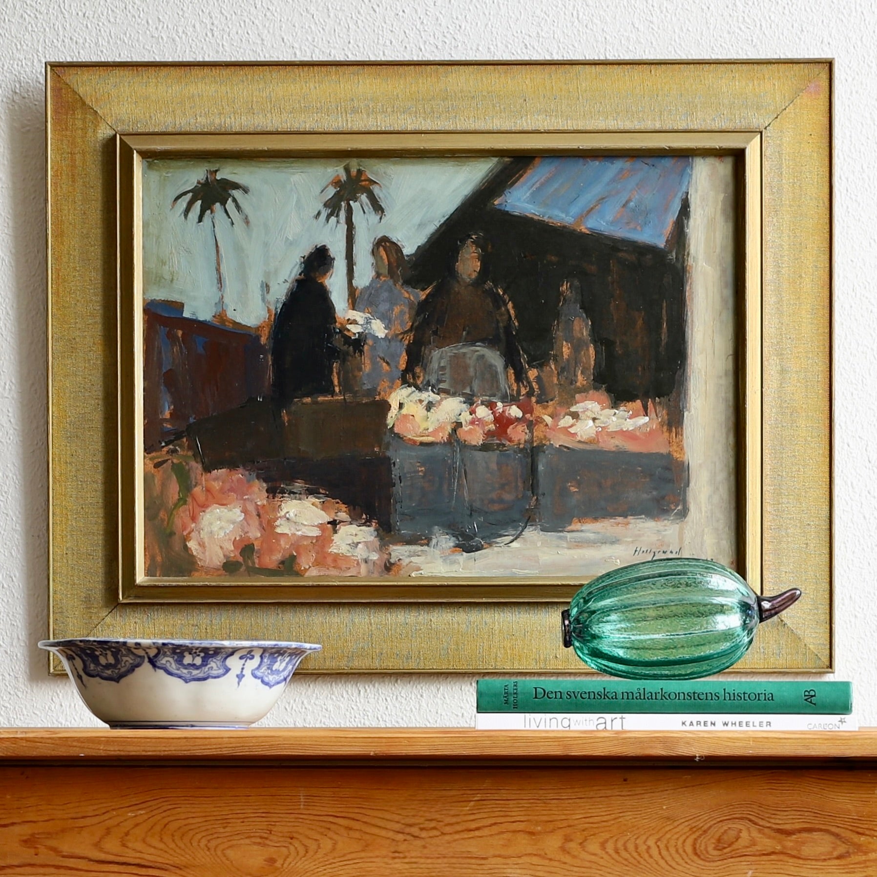 Mid Century Original Market Scene Oil Painting From Sweden