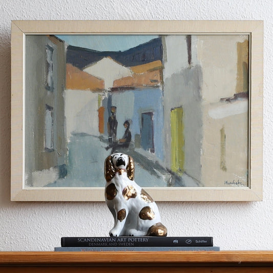 Mid Century Vintage Art Cityscape Oil Painting from Sweden