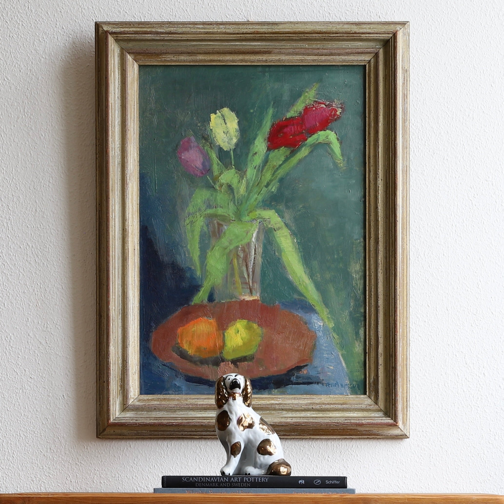 Mid Century Original Still Life Oil Painting of Tulips From Sweden