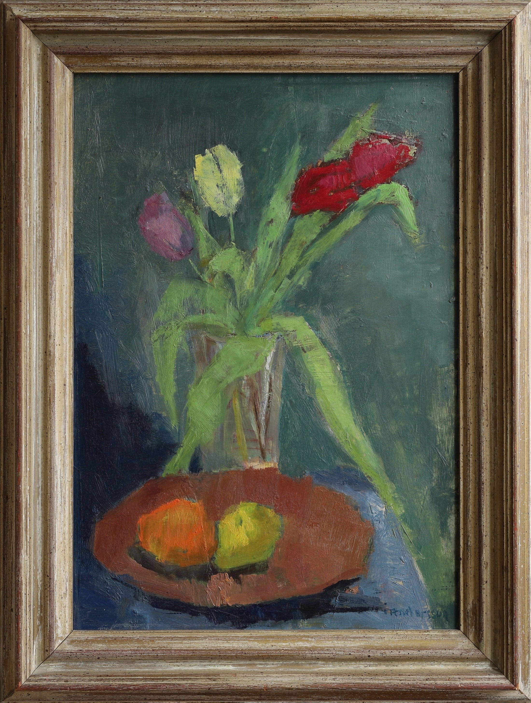 Mid Century Original Still Life Oil Painting of Tulips From Sweden
