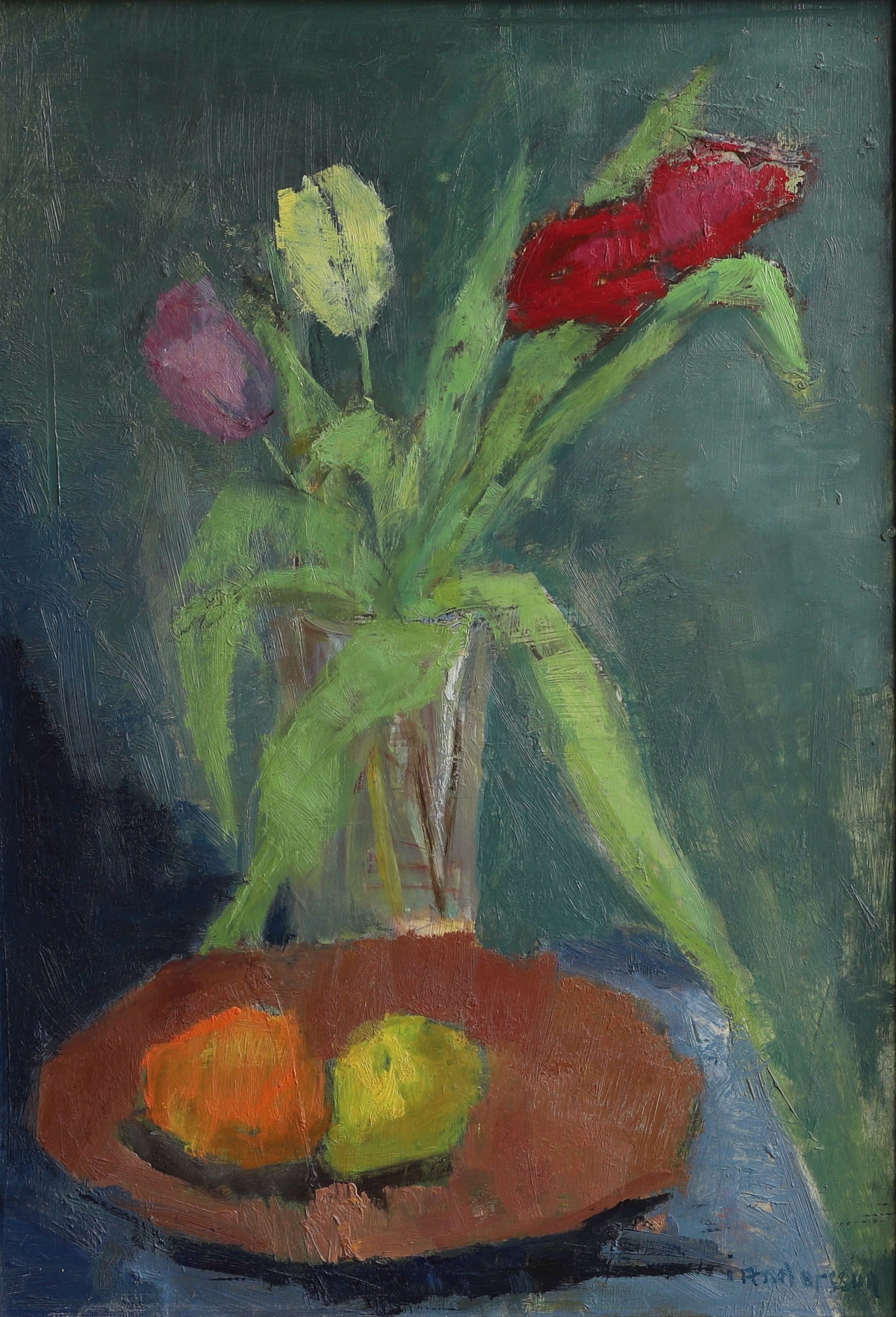 Mid Century Original Still Life Oil Painting of Tulips From Sweden