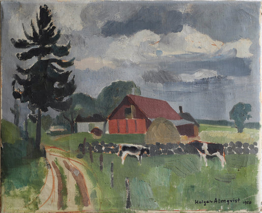 Vintage Mid Century Cow Oil Painting from Sweden By H Almqvist