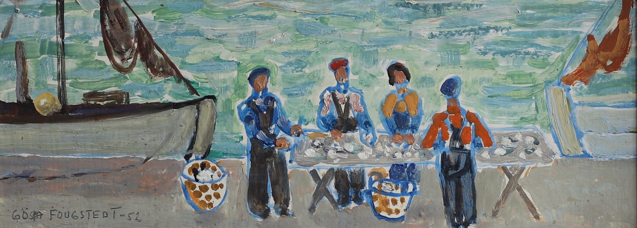 Mid Century Harbor Oil Painting from Sweden 1952