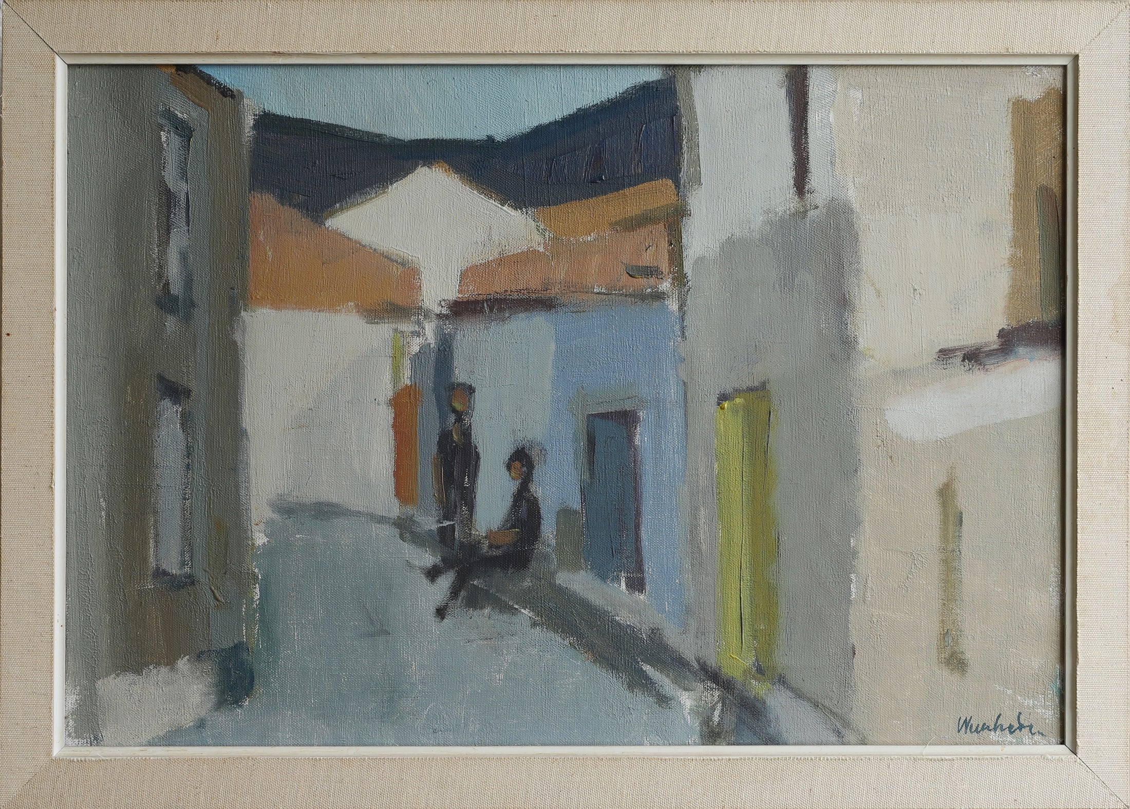 Mid Century Vintage Art Cityscape Oil Painting from Sweden