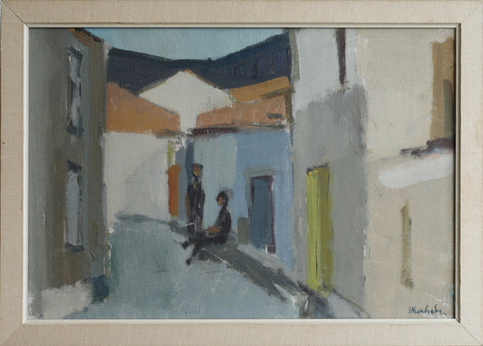 Mid Century Vintage Art Cityscape Oil Painting from Sweden